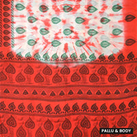 red, orange, white, and green Sungudi Cotton Saree without Blouse