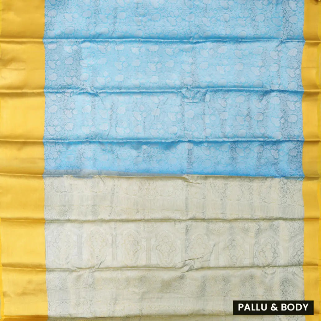 Skyblue with  Golden-Yellow in Leaf Pattern Design Tanchui Silk Saree