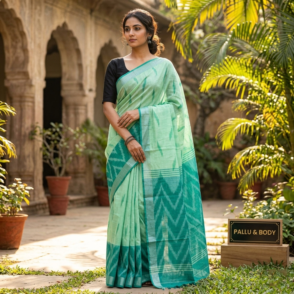Light Green With Dark Green Trendy Linen Saree