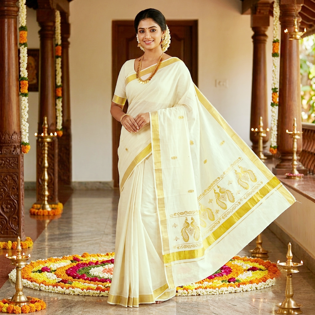 Off White With Golden Silk Threaded Peacock Embroidery  traditional kerala onam saree