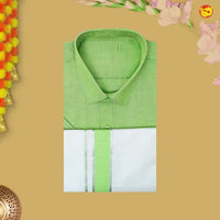 Lime Green Colour Readymade Shirt And Matching Border Dhoti Set for Men