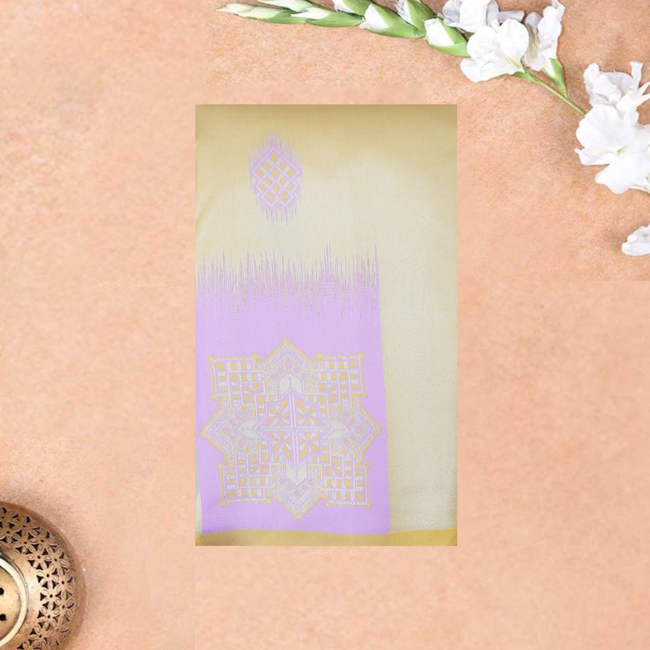 Light Golden Yellow with Lavender Litchi Silk Saree
