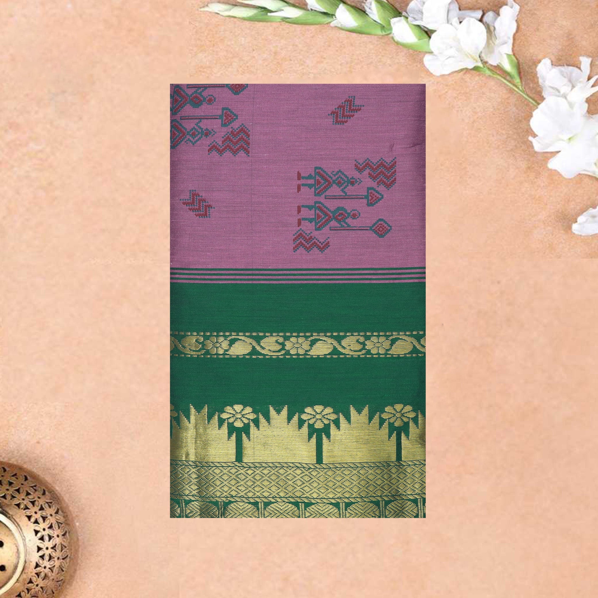 Magenta with a Green border and pallu Premium Quality Kalyani Cotton Saree