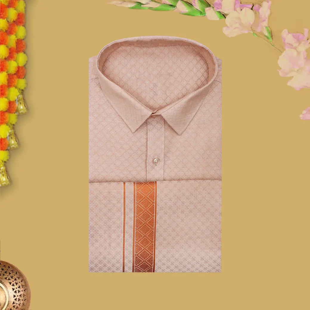 Off Red  Traditional Ethnic wear Cotton Readymade Shirt and Singel  Border Dhoti Set For Men