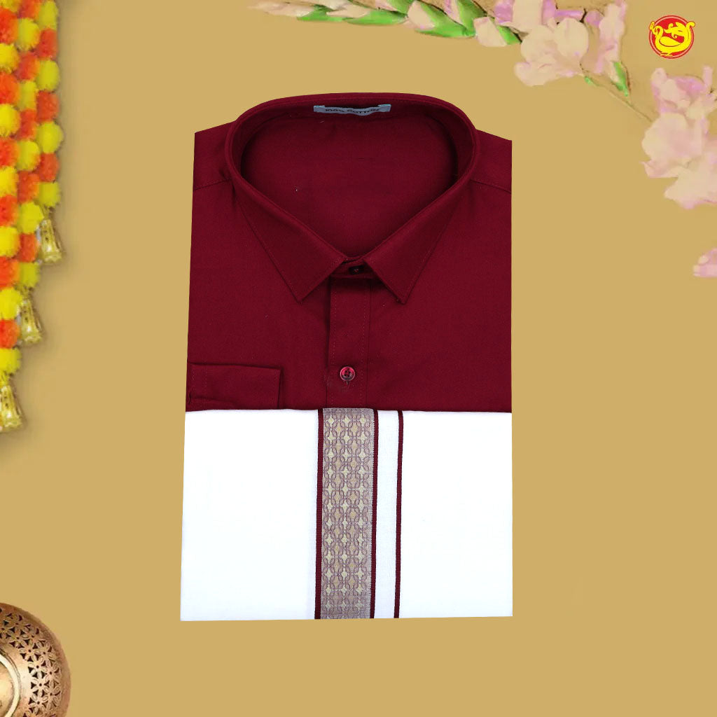 Red With White Readymade Shirt And Matching Border Dhoti Set for Men