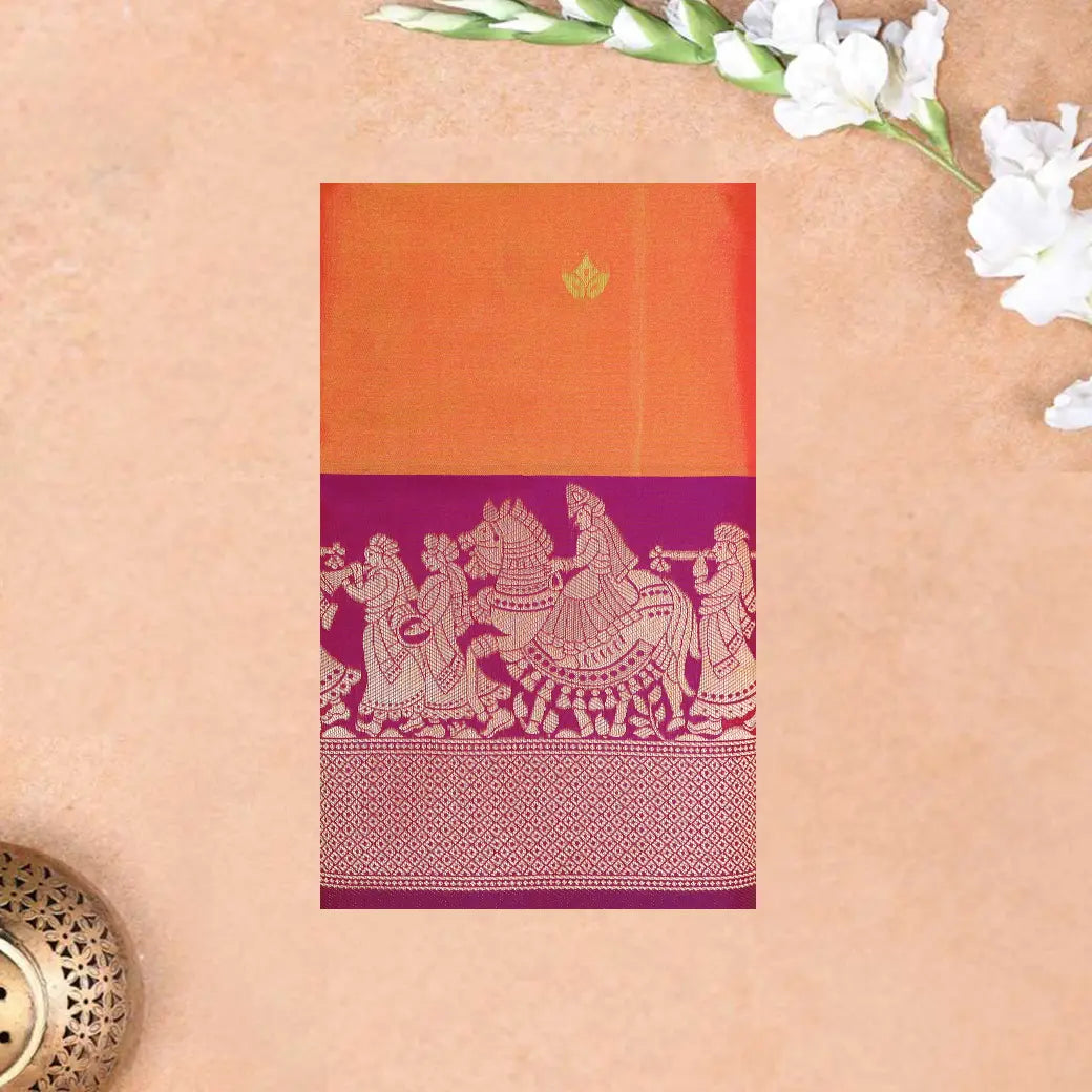 Orange With Rani Pink Copper Zari Border Soft Silk Saree
