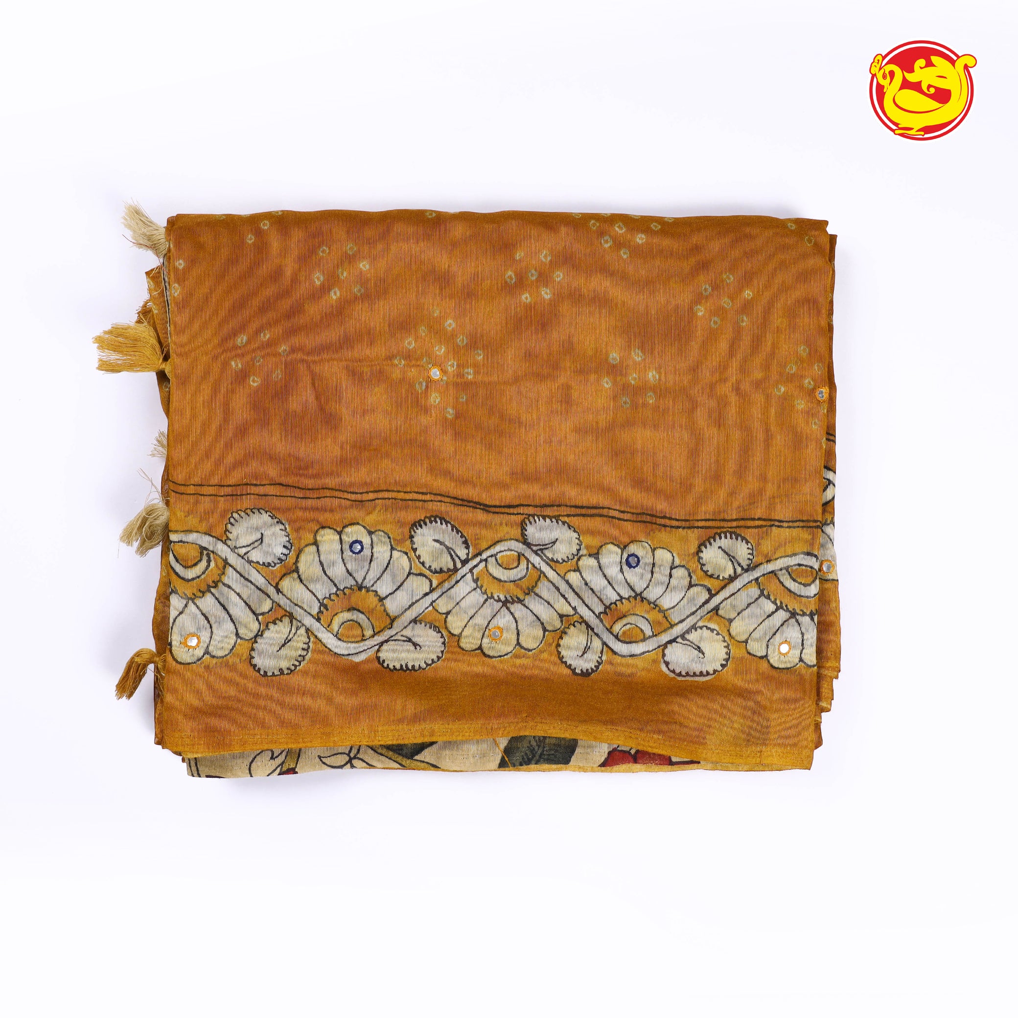 Turmeric yellow semi linen saree with mirror work embroidery