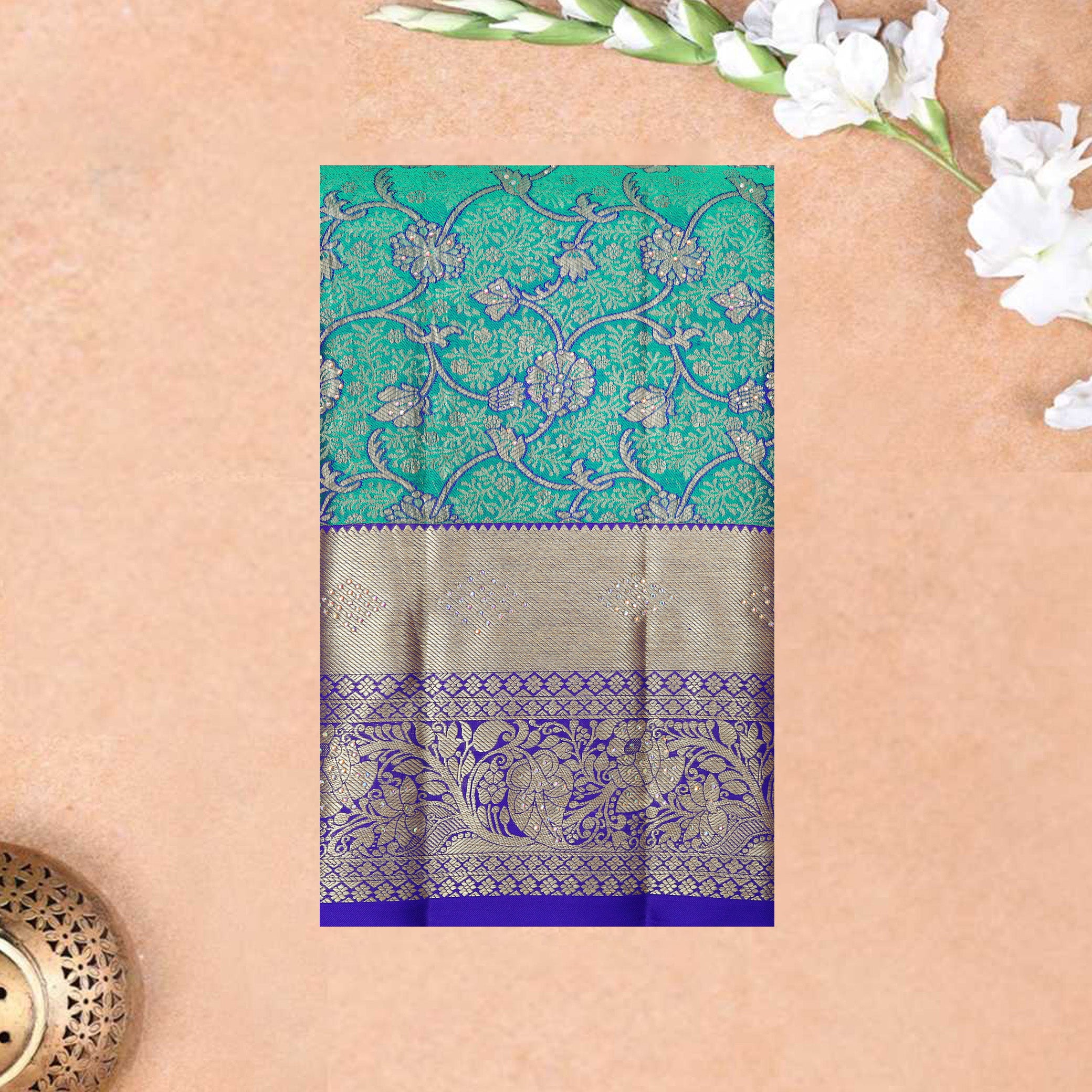 Green With Royal Blue pure Kanchipuram silk saree