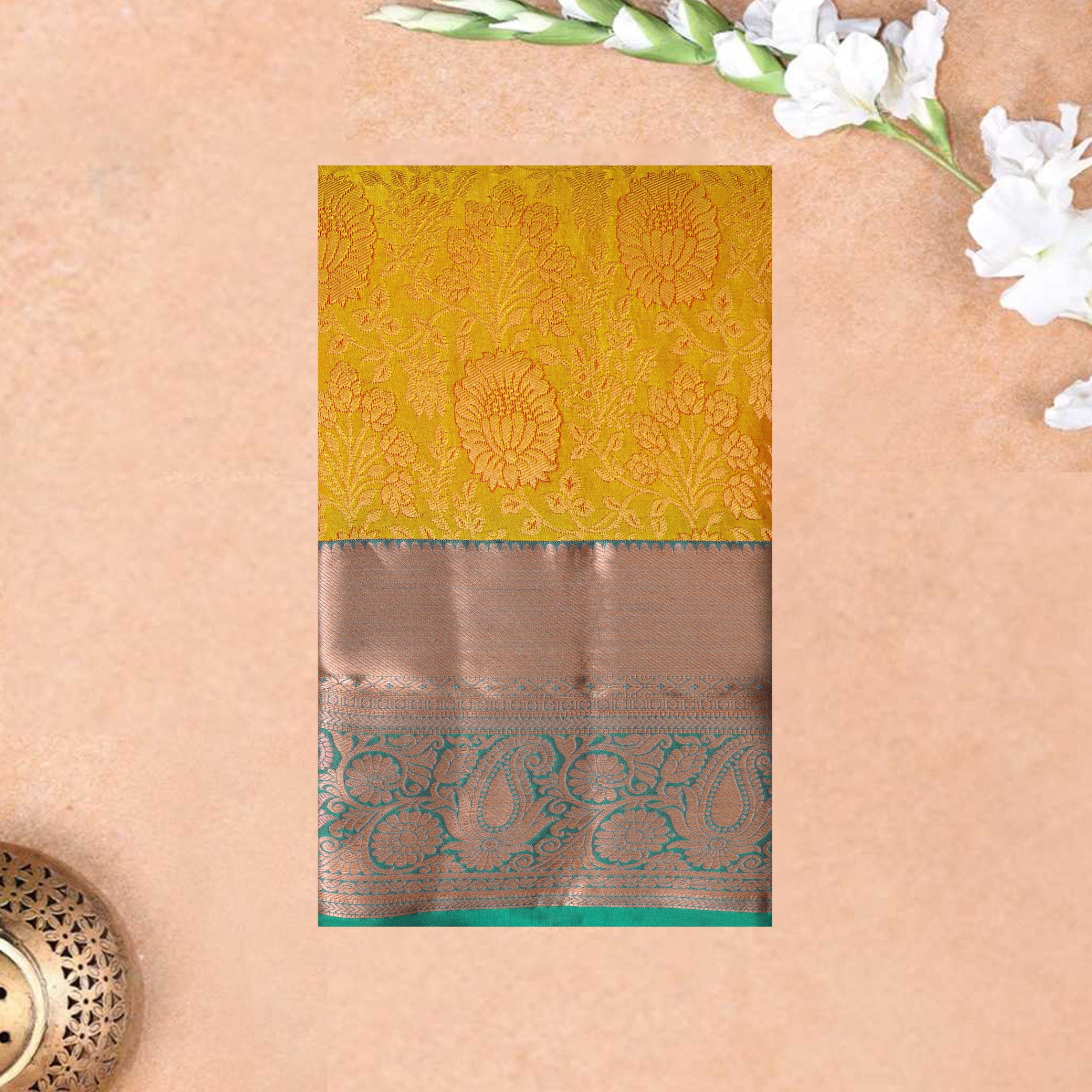 Yellow With Green Wedding Silk Saree