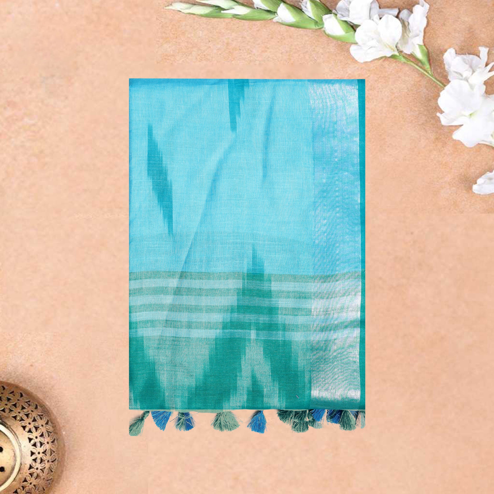 Sky Blue With Green Trendy Linen Saree