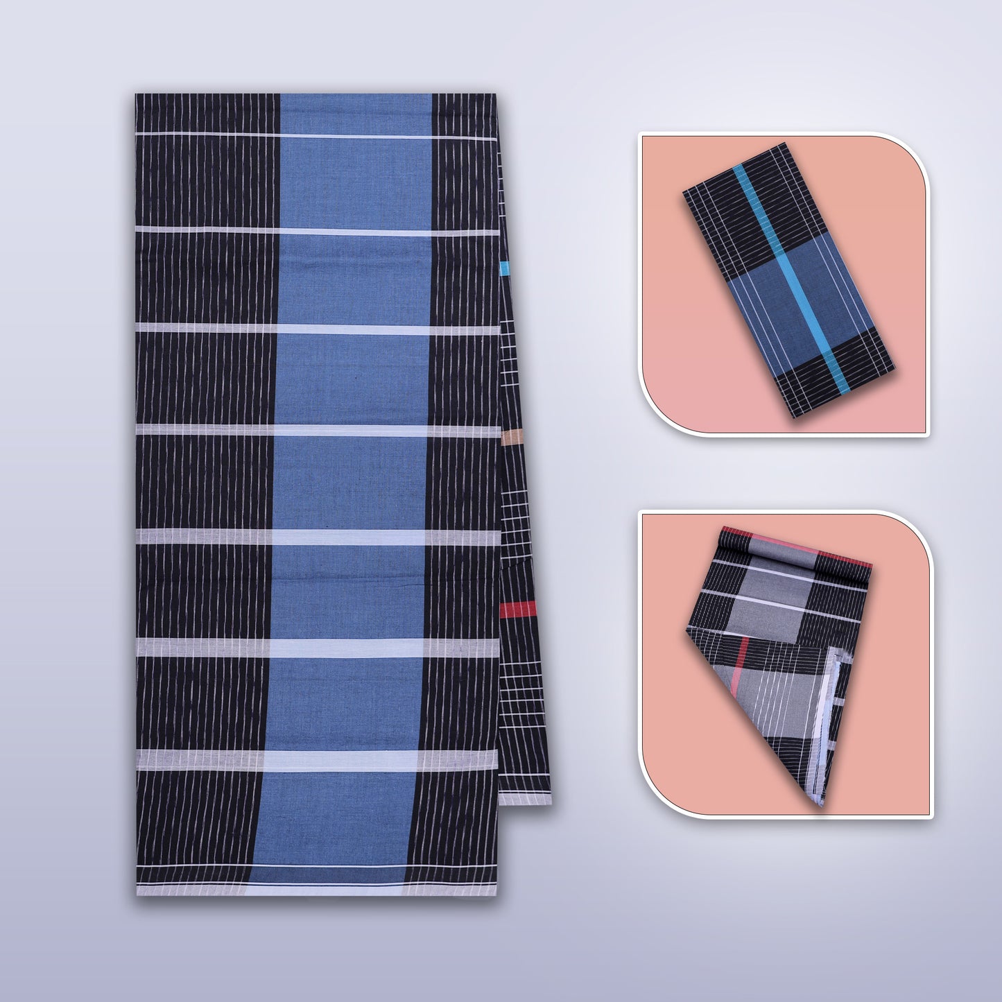 Men’s Black With Light Blue Stripe Cotton Stitched Lungi