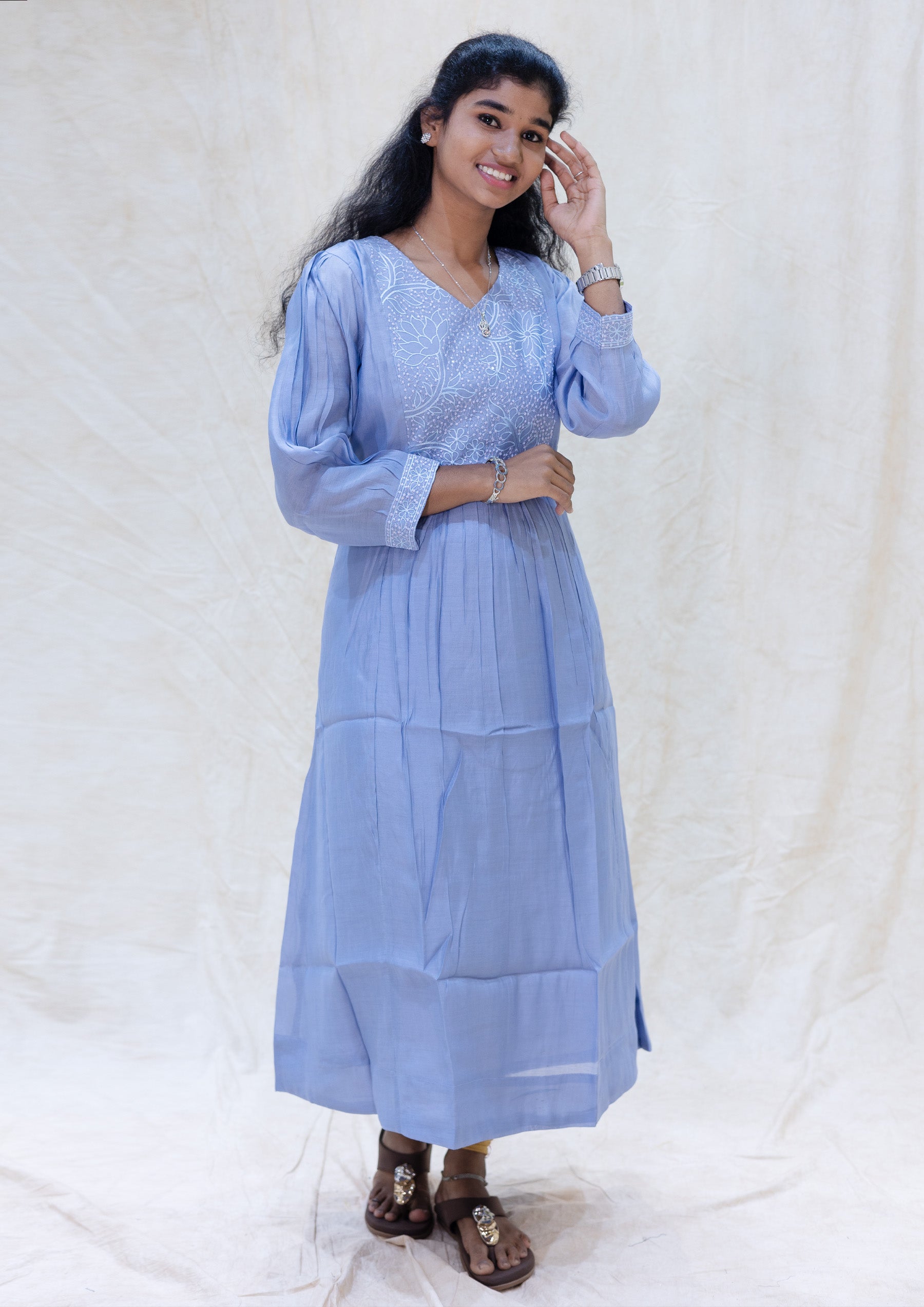 Aarviya-Light blue With  Floral Design  Ladies Branded Umbrella Top Readymade