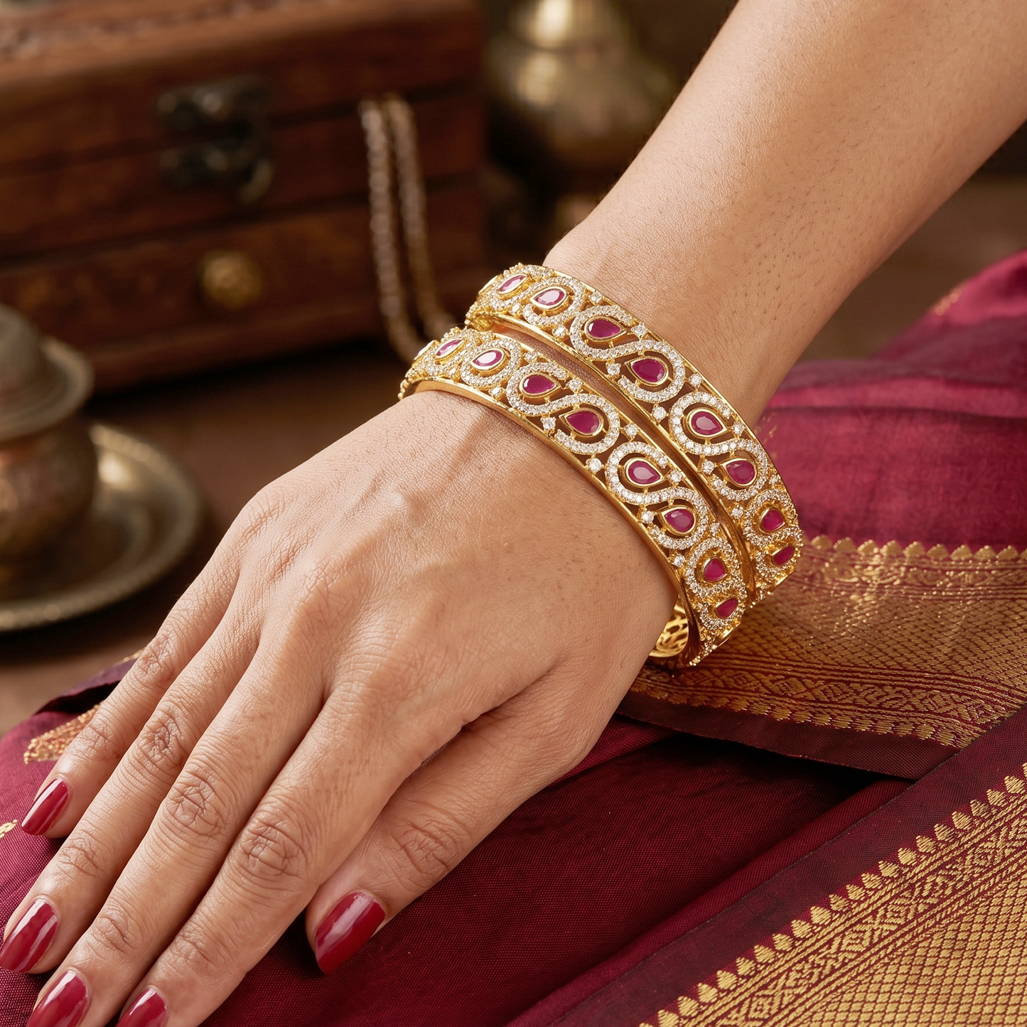Gold-Plated S Letter With Ruby Stone Work bangles