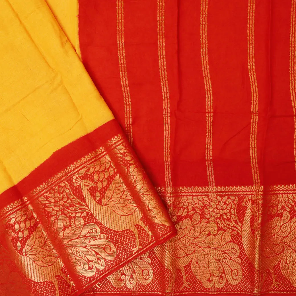 Mango Yellow With red Sungudi Cotton Saree without Blouse