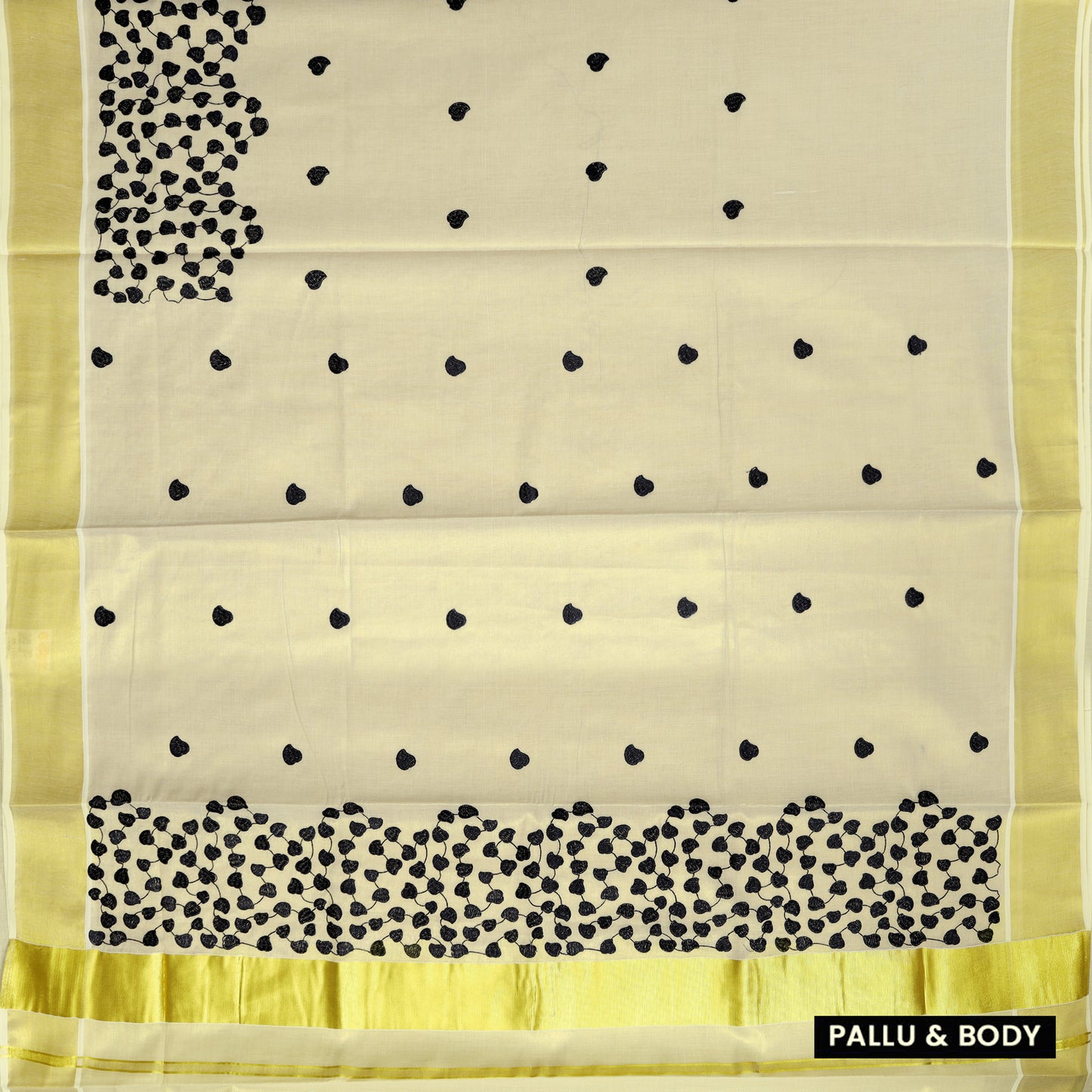 Off White With Black Leaf Cluster Motifs Embroidery  traditional kerala onam saree