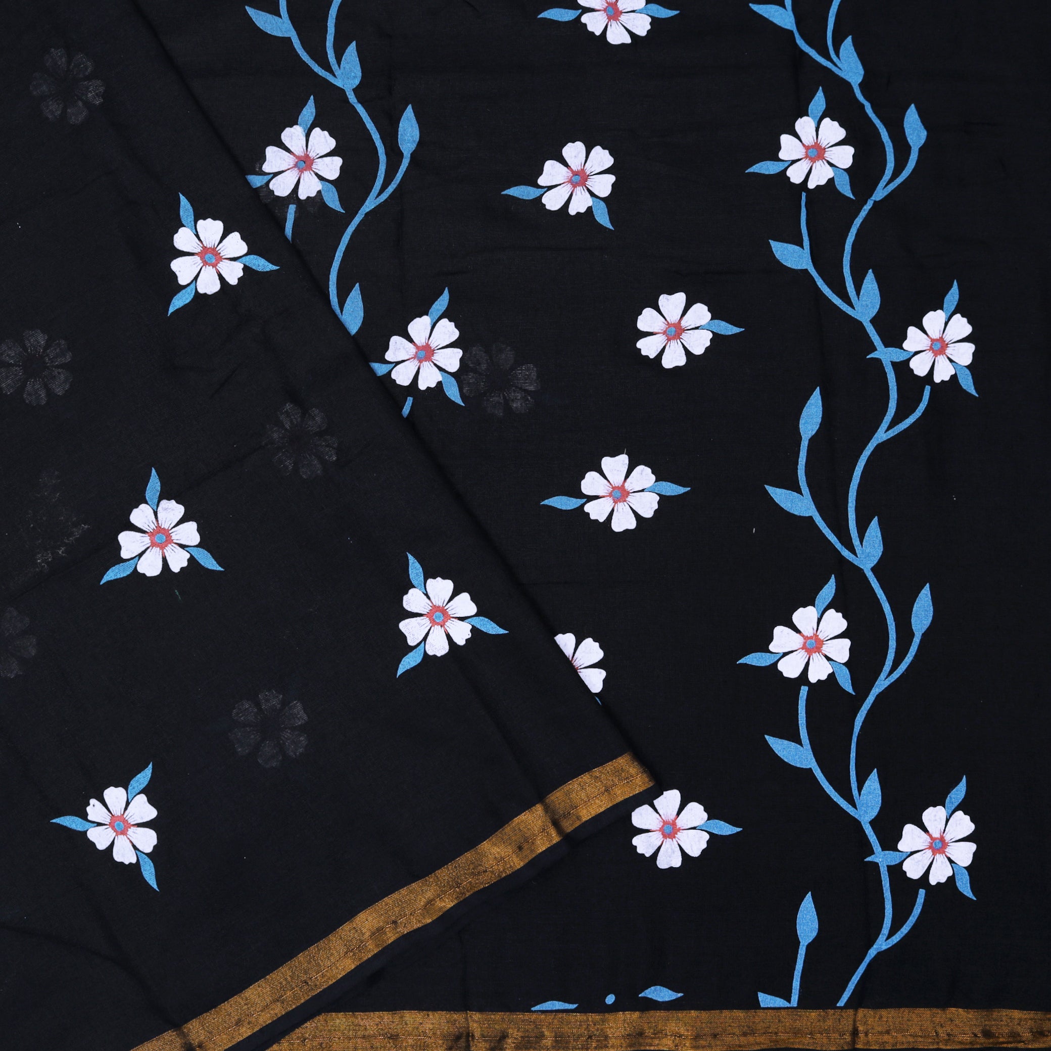Block Linen Cotton Saree with Contrast Blouse