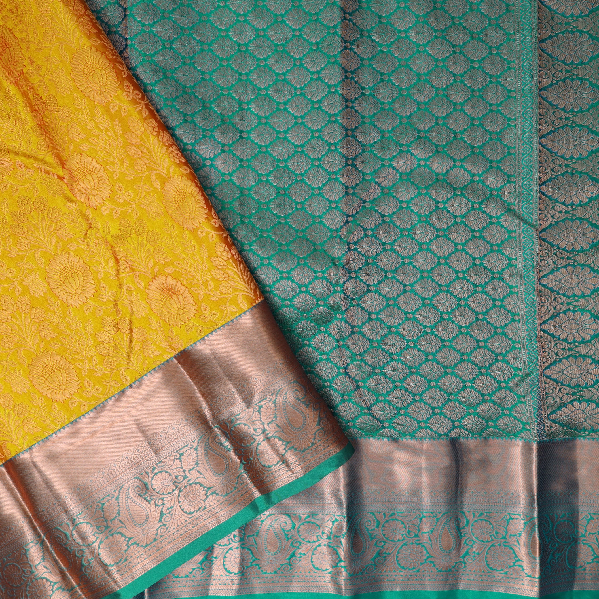 Yellow With Green Wedding Silk Saree