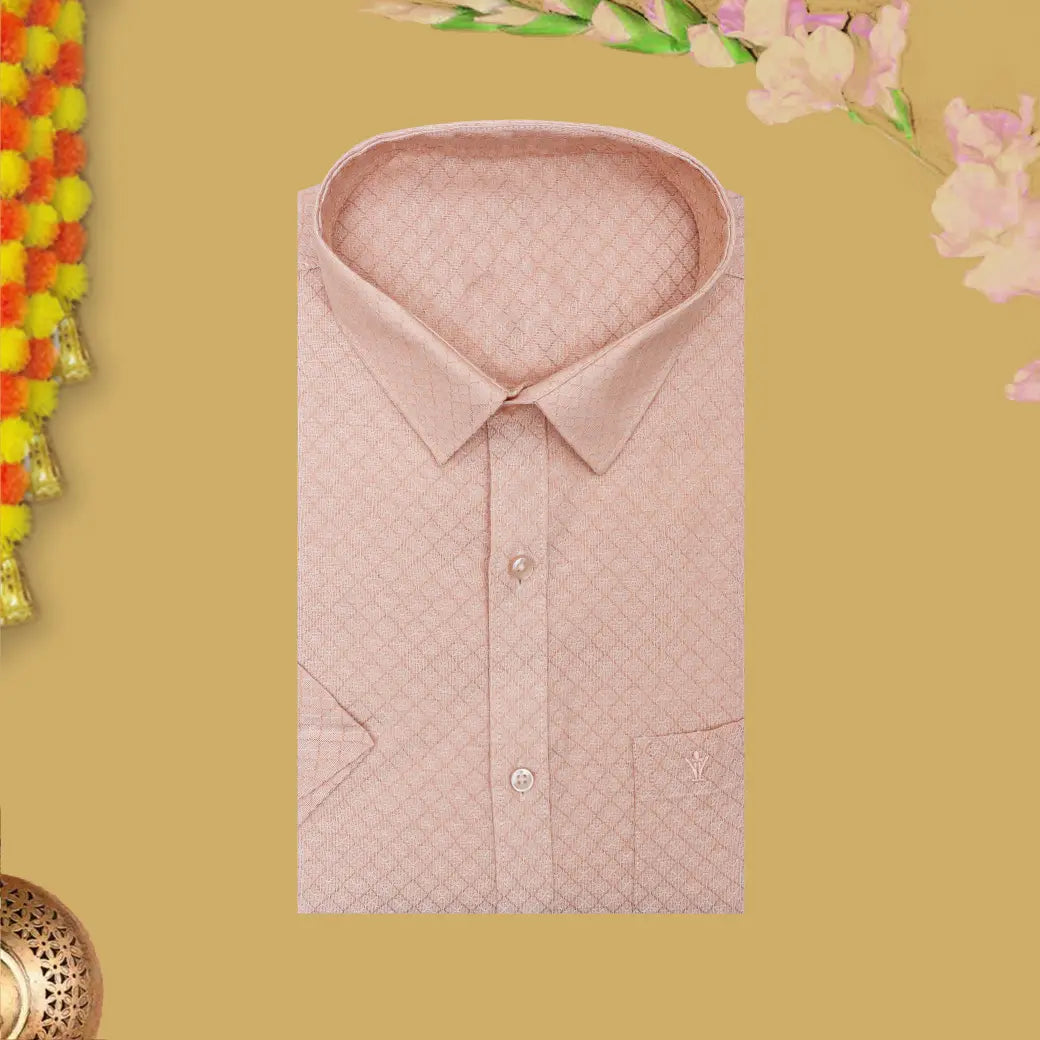 Off Red  Traditional Ethnic wear Cotton Readymade Shirt and Singel  Border Dhoti Set For Men