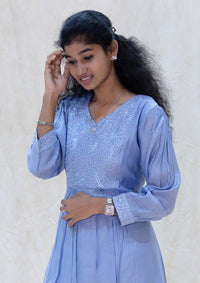 Aarviya-Light blue With  Floral Design  Ladies Branded Umbrella Top Readymade