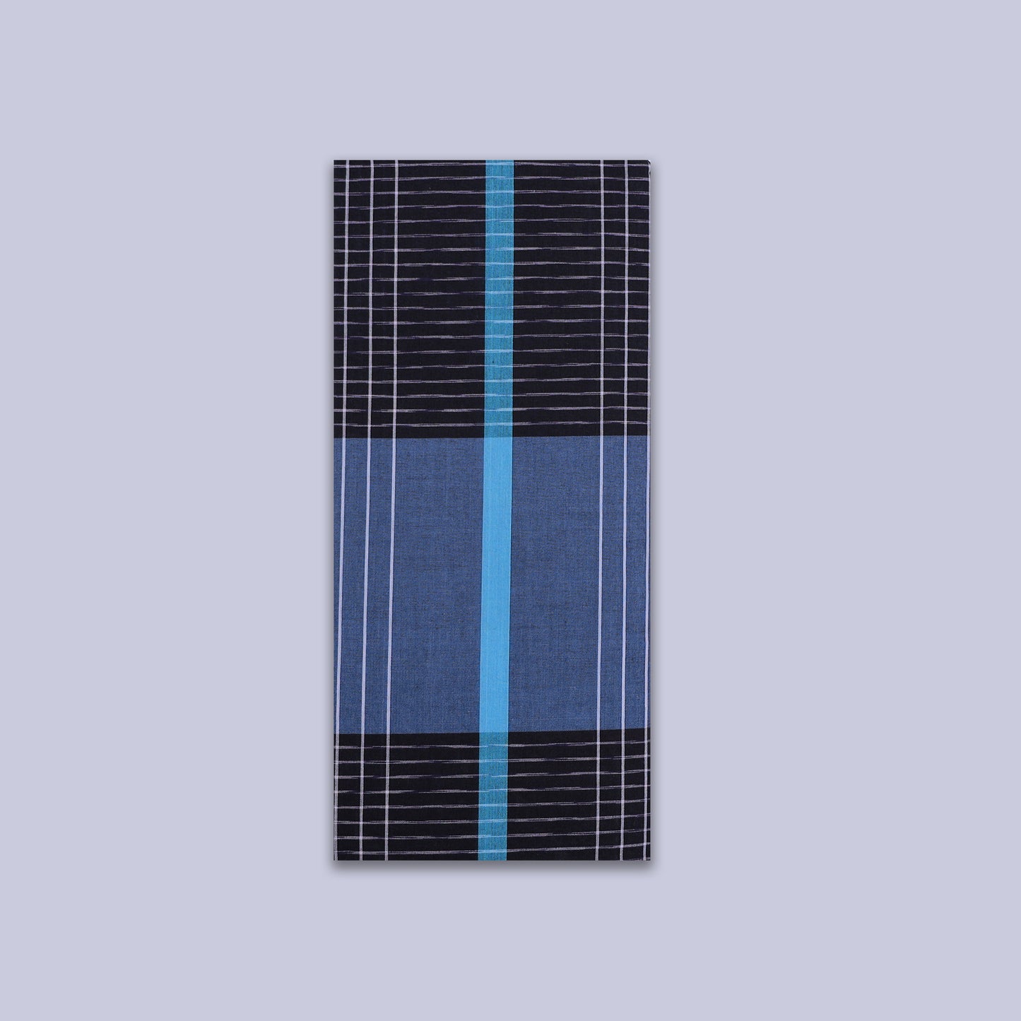 Men’s Black With Light Blue Stripe Cotton Stitched Lungi