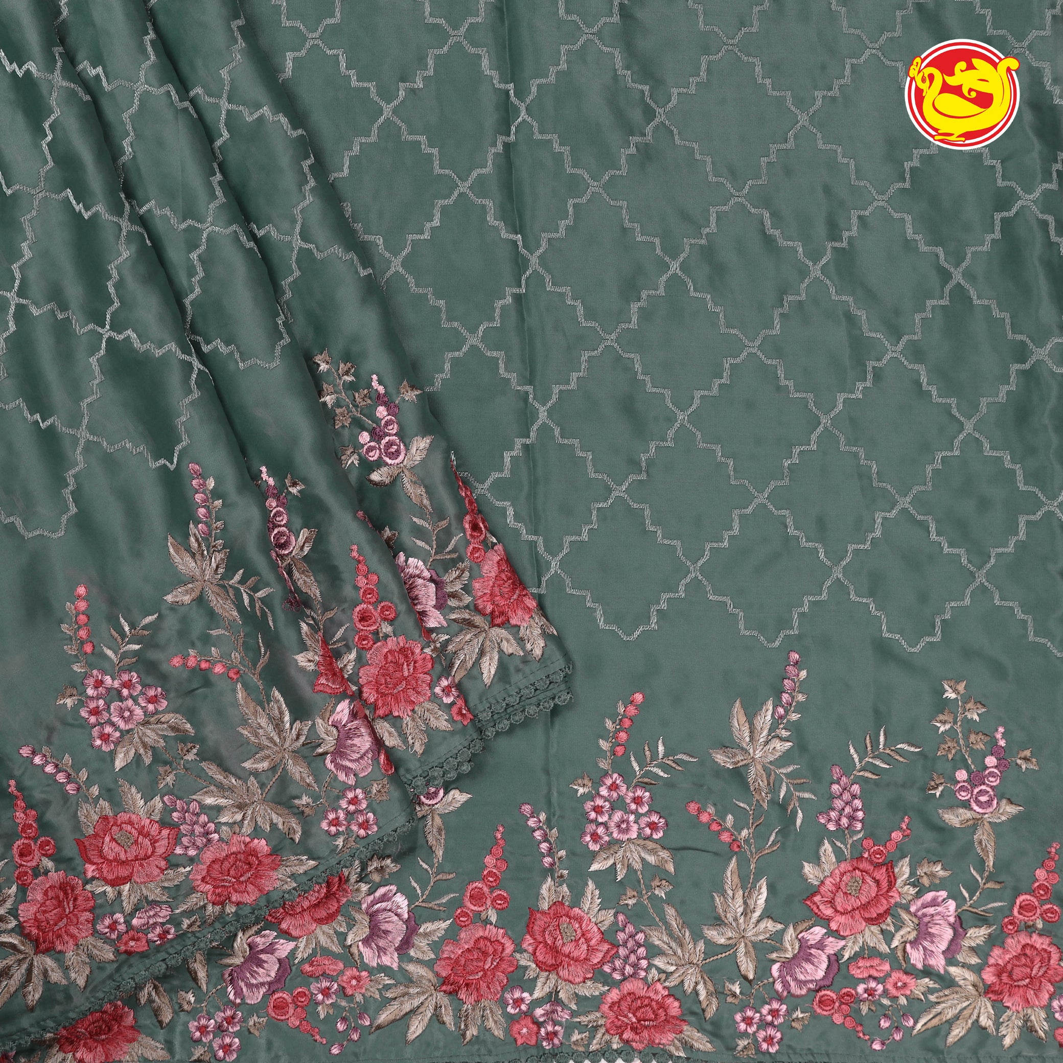 English green satin organza saree with embroidery
