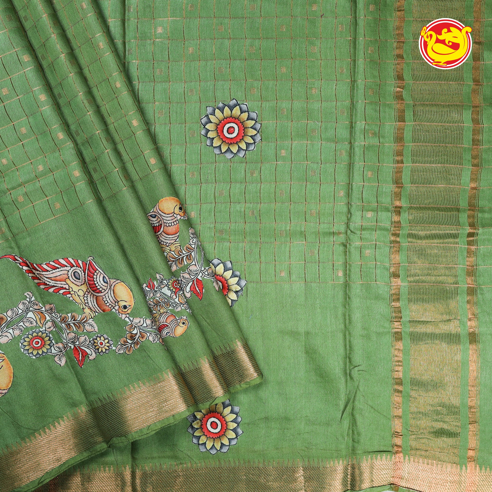 Mossy green with art tussar saree with applique work