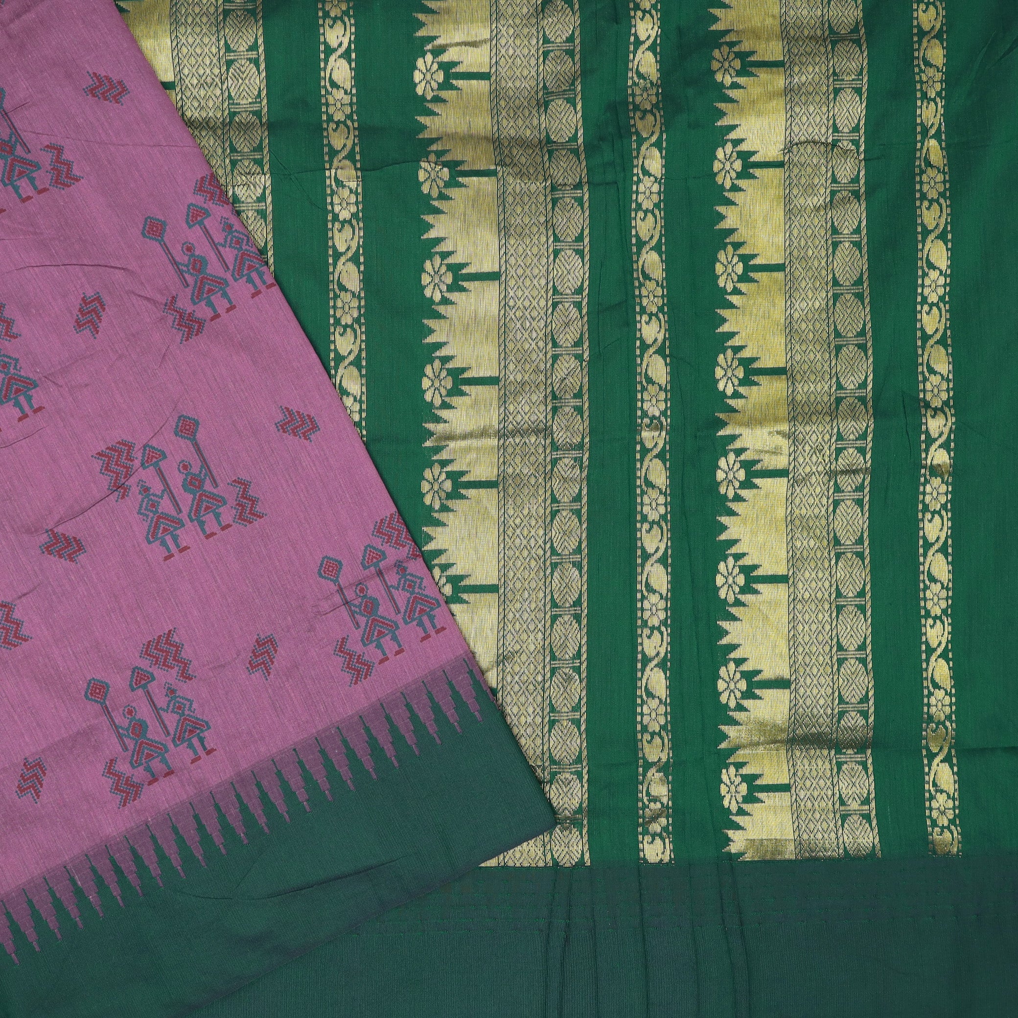 Magenta with a Green border and pallu Premium Quality Kalyani Cotton Saree
