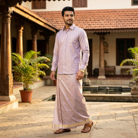 Light Violet Colour Readymade Shirt And Matching Border Dhoti Set For Men