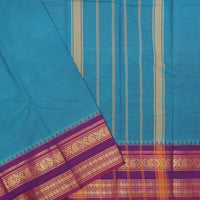 Cyan Blue With Purple Pure Chettinad Cotton Saree without Blouse
