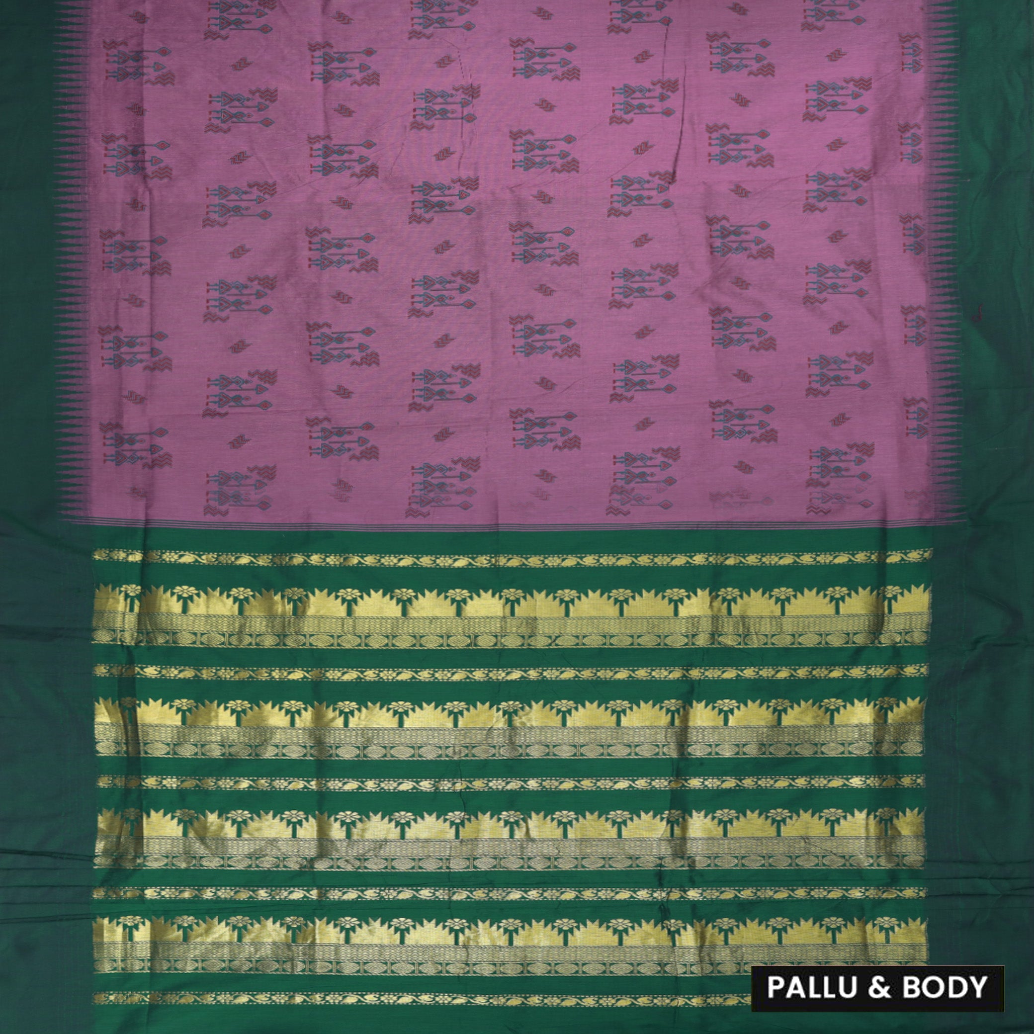 Magenta with a Green border and pallu Premium Quality Kalyani Cotton Saree