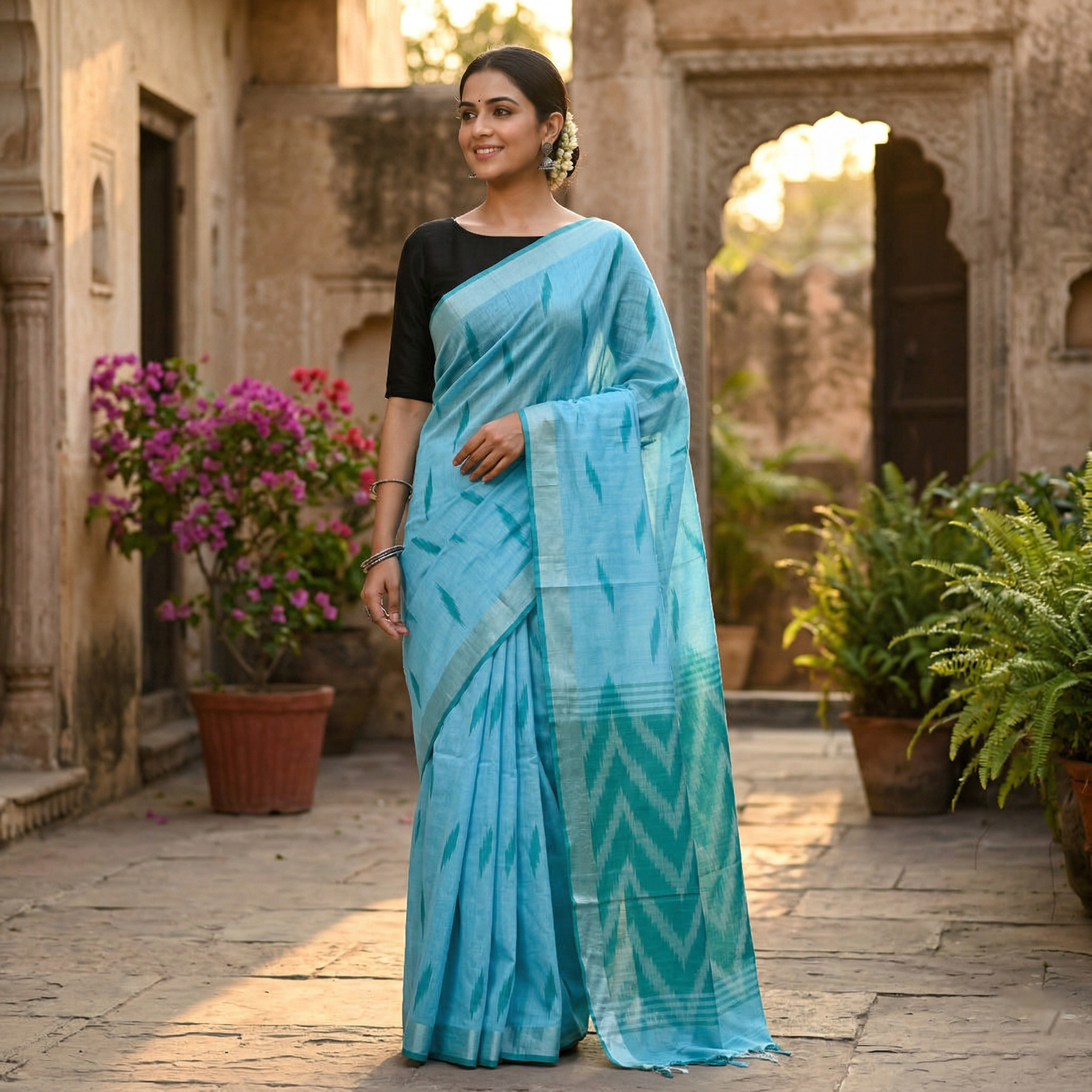Sky Blue With Green Trendy Linen Saree