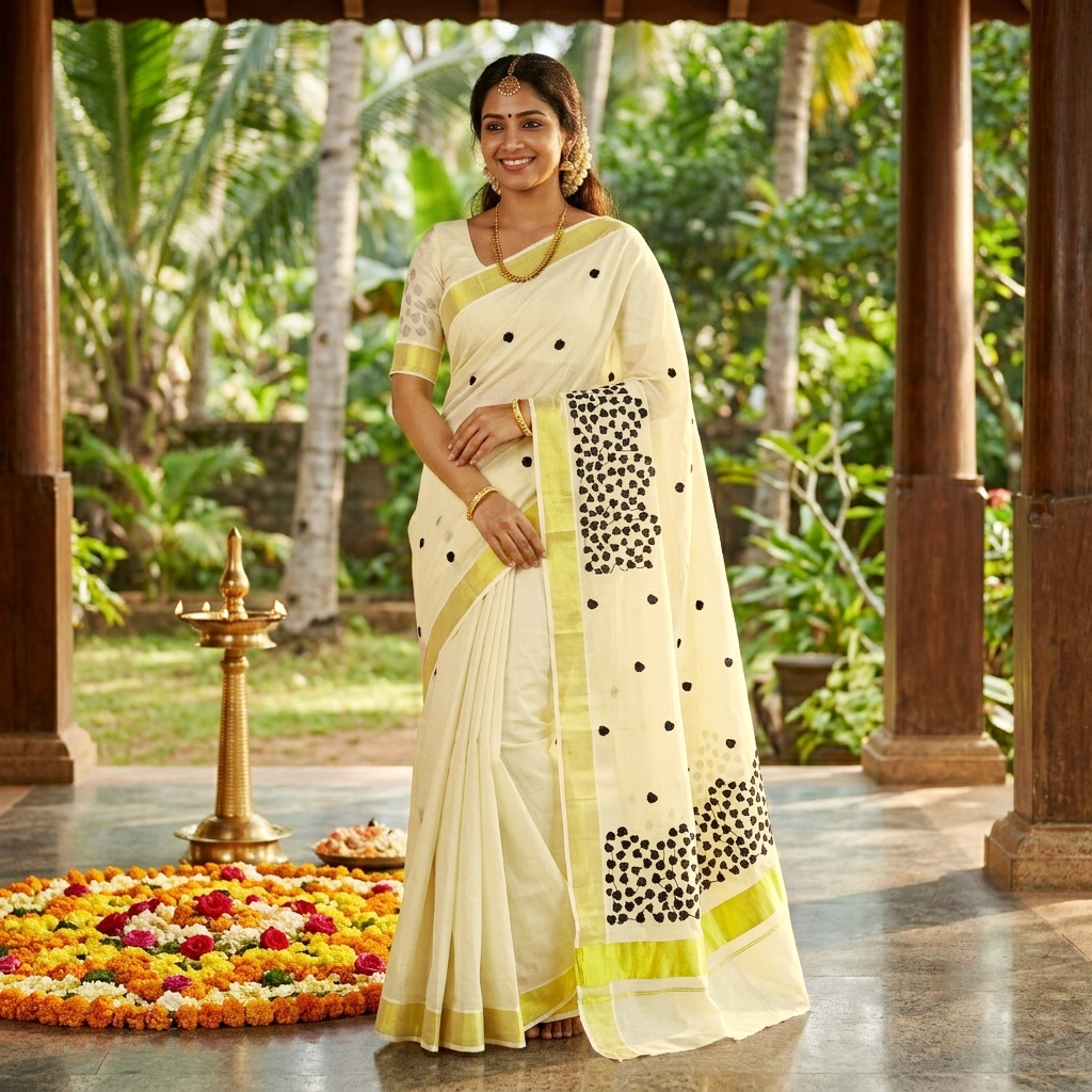 Off White With Black Leaf Cluster Motifs Embroidery  traditional kerala onam saree