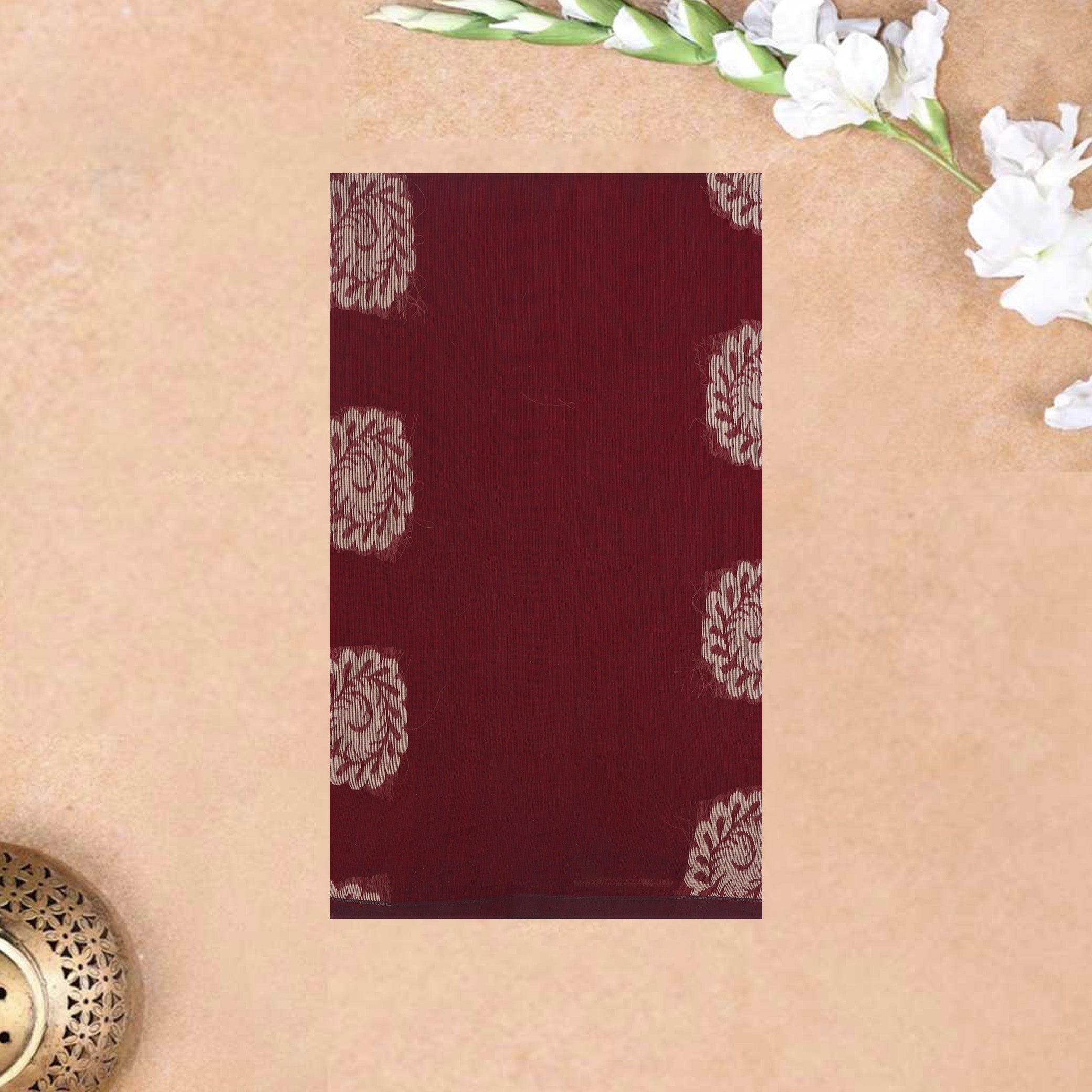 Deep Reddish-Maroon With Sandal Zari  Silk Cotton Saree