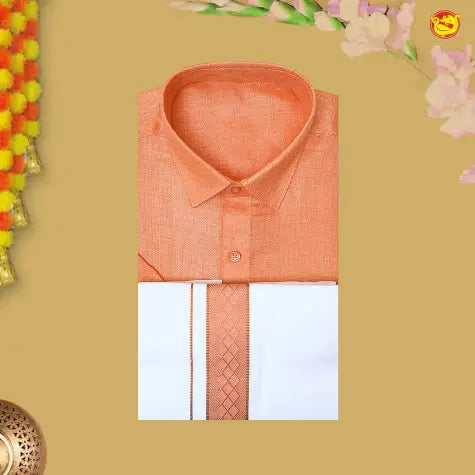 Orange Colour Readymade Shirt And Matching Border Dhoti Set for Men