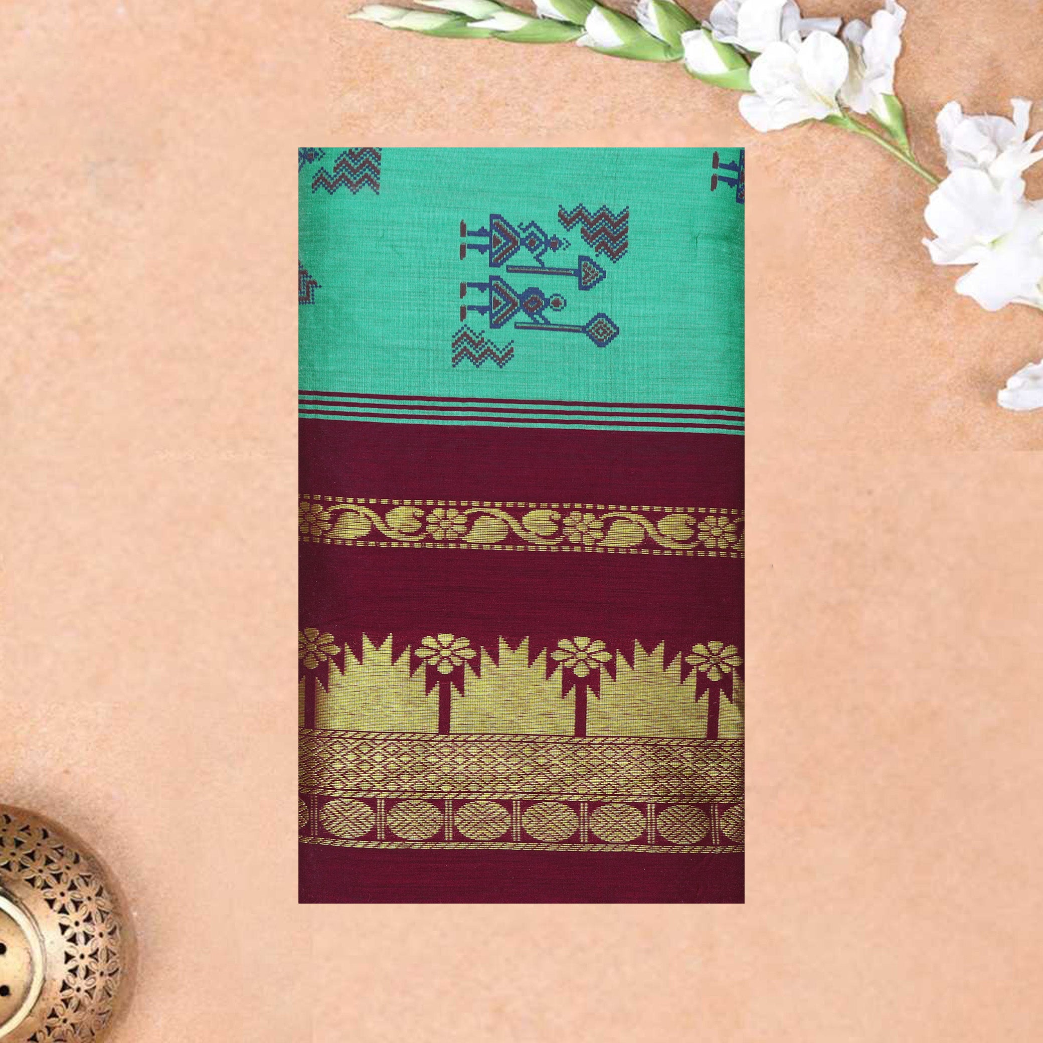 Peacock Green With Maroon Premium Quality Kalyani Cotton Saree