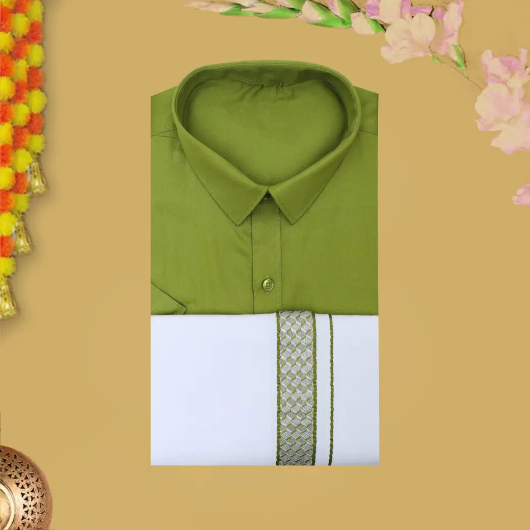Olive green With White Cotton Readymade Shirt and Singel Matching Border Dhoti Set For Men
