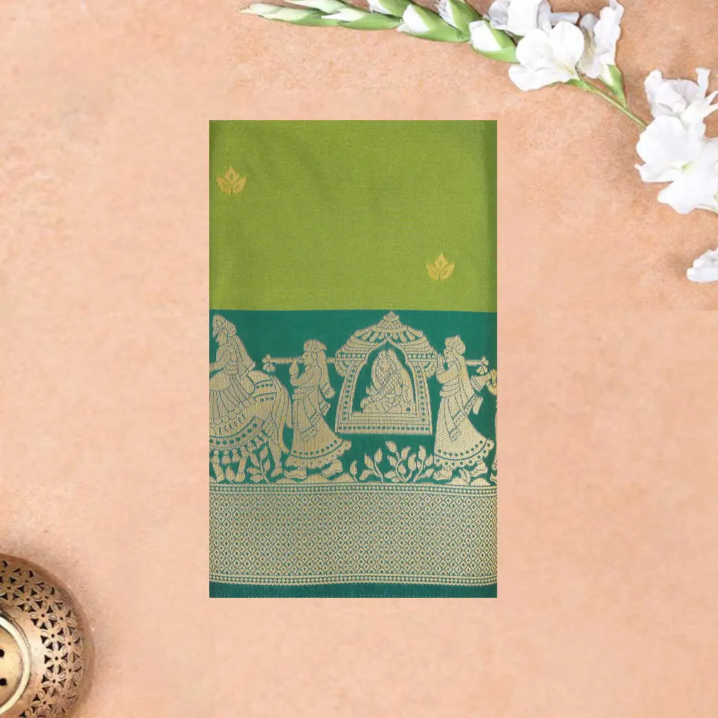 Lime Green With Ramar Green Copper Zari Border Soft Silk Saree