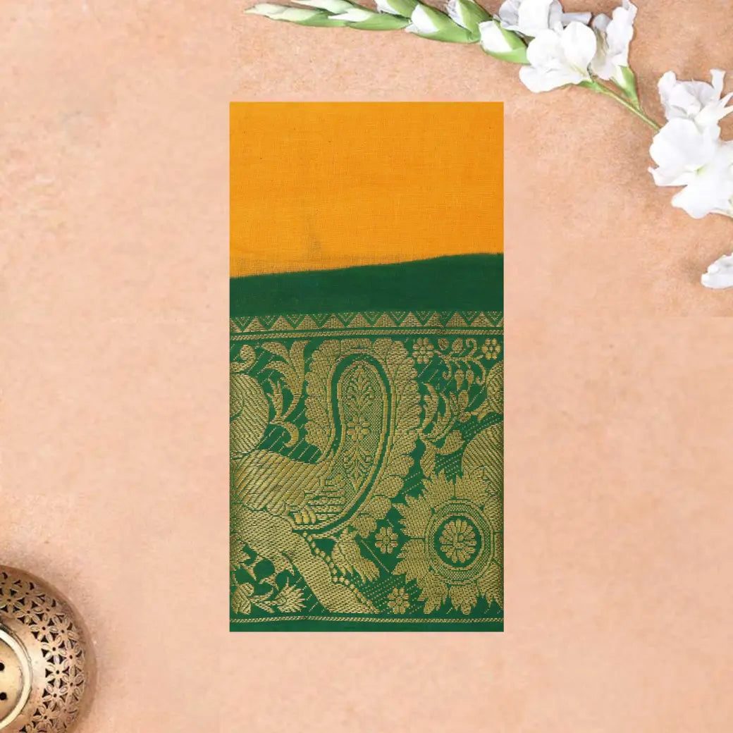 Mango Yellow, With green Sungudi Cotton Saree without Blouse