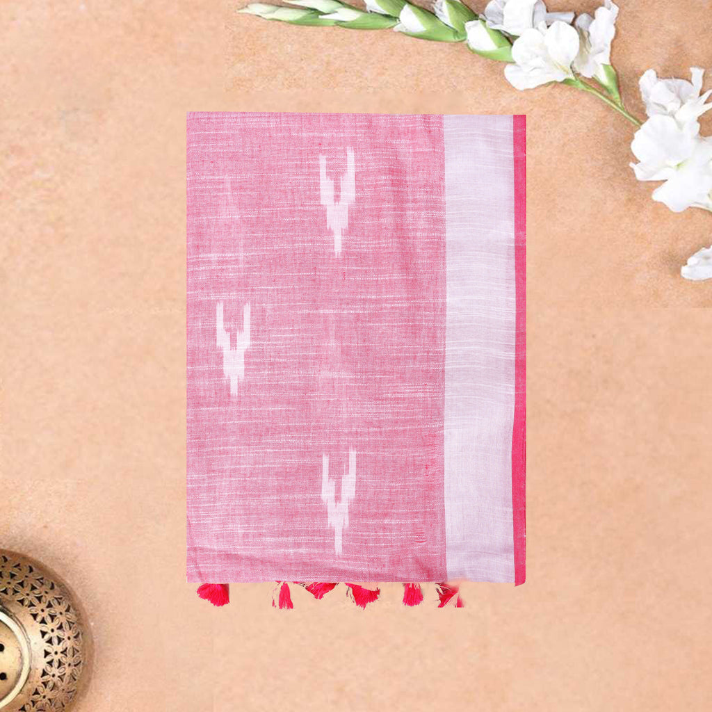 Light Pink With Dark Pink Trendy Linen Saree