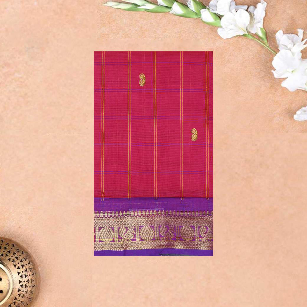 Rani Pink With Purple Contrast Border Checked Pure Cotton Saree