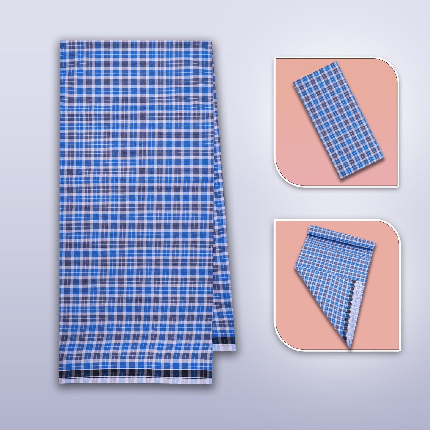 Men’s Light Blue With Gery Small Checked Cotton Stitched Lungi