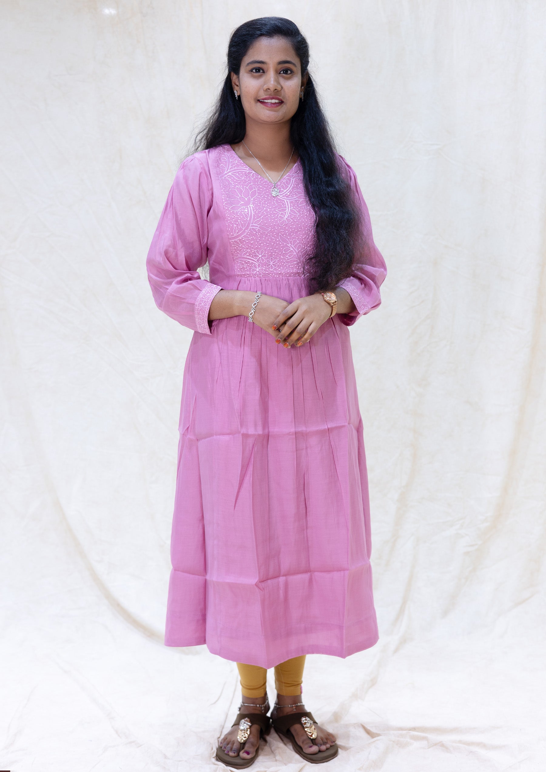 Aarviya-Onion pink With  Floral Design  Ladies Branded Umbrella Top Readymade