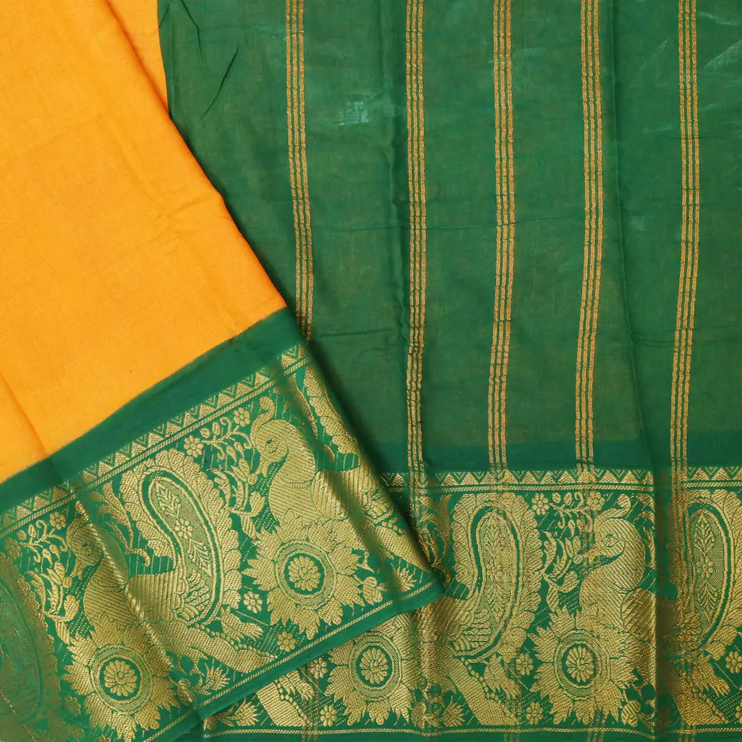 Mango Yellow, With green Sungudi Cotton Saree without Blouse