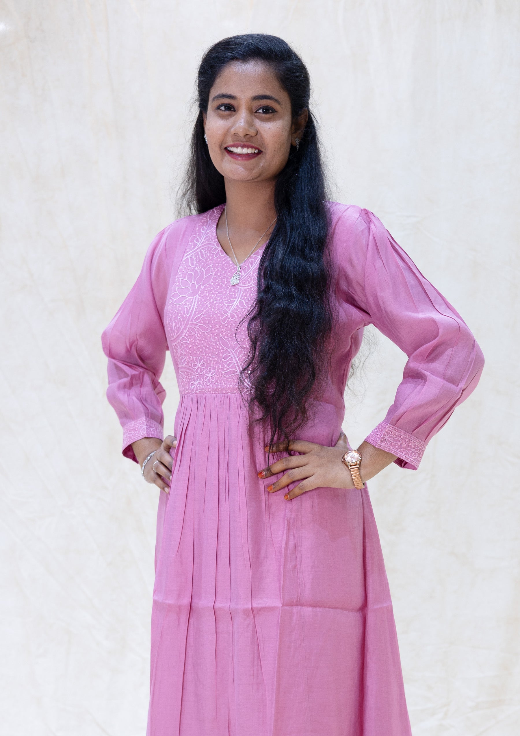 Aarviya-Onion pink With  Floral Design  Ladies Branded Umbrella Top Readymade