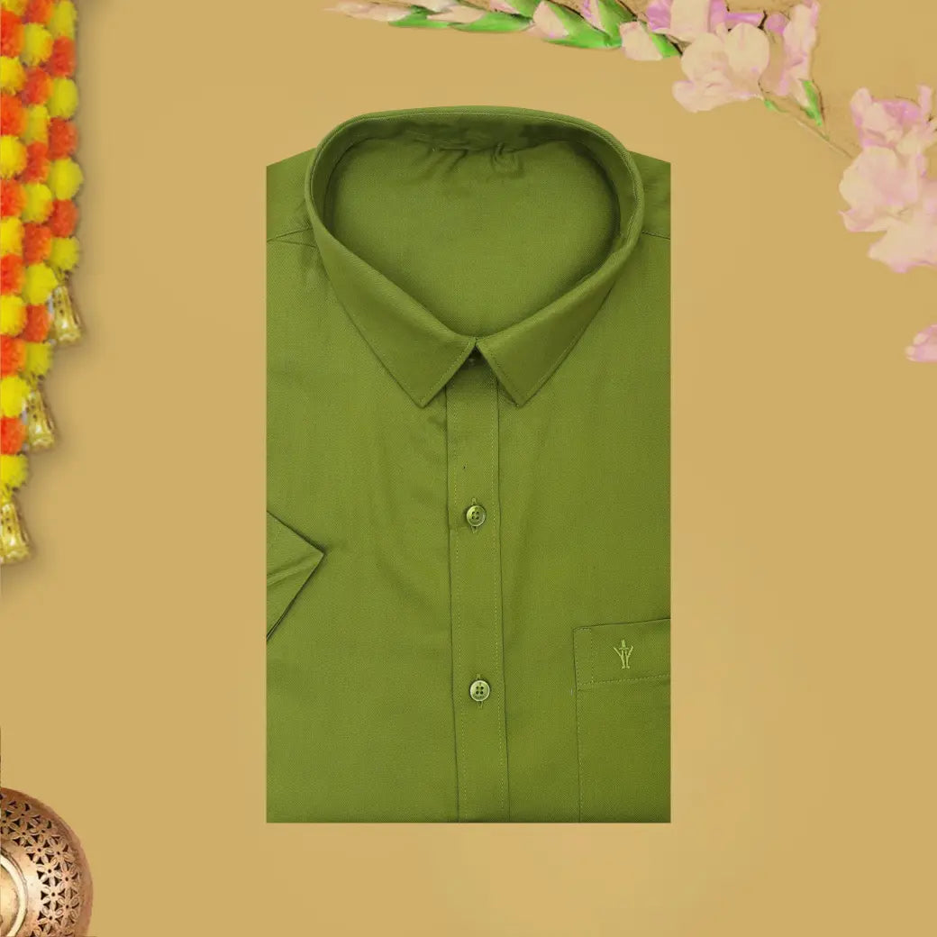 Olive green With White Cotton Readymade Shirt and Singel Matching Border Dhoti Set For Men
