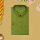 Olive green With White Cotton Readymade Shirt and Singel Matching Border Dhoti Set For Men
