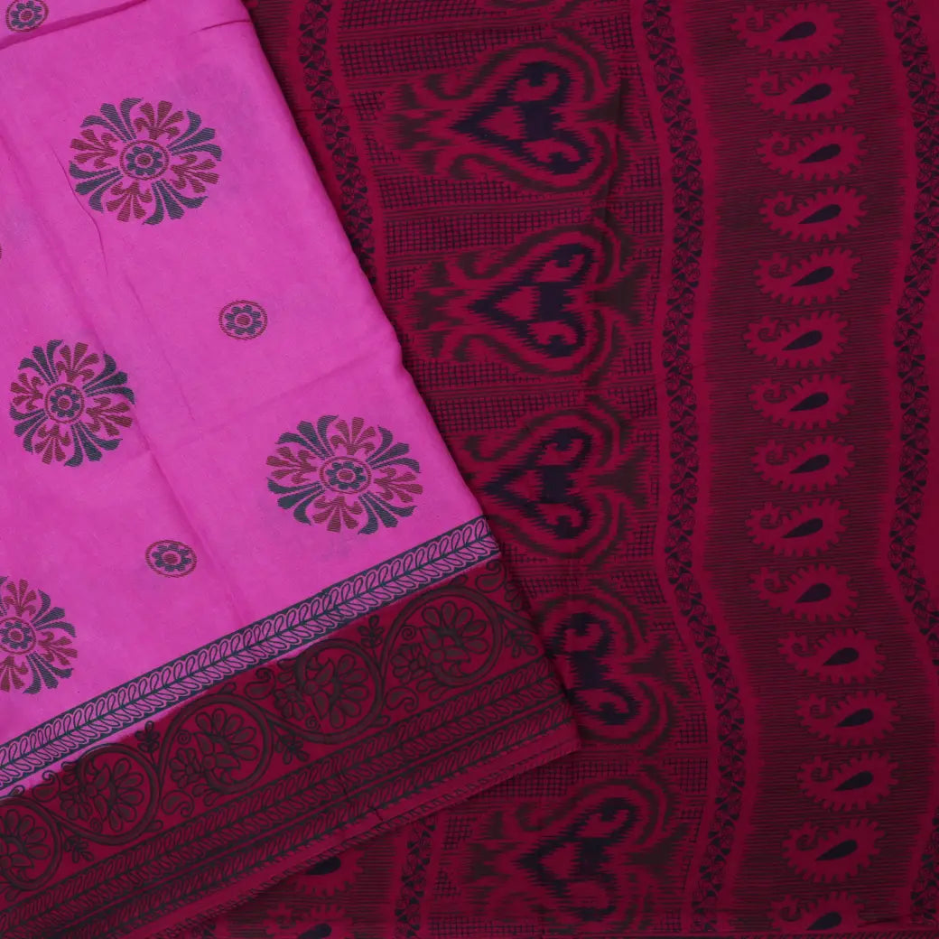 Rani pink with Dark Red Sungudi Cotton Saree without Blouse