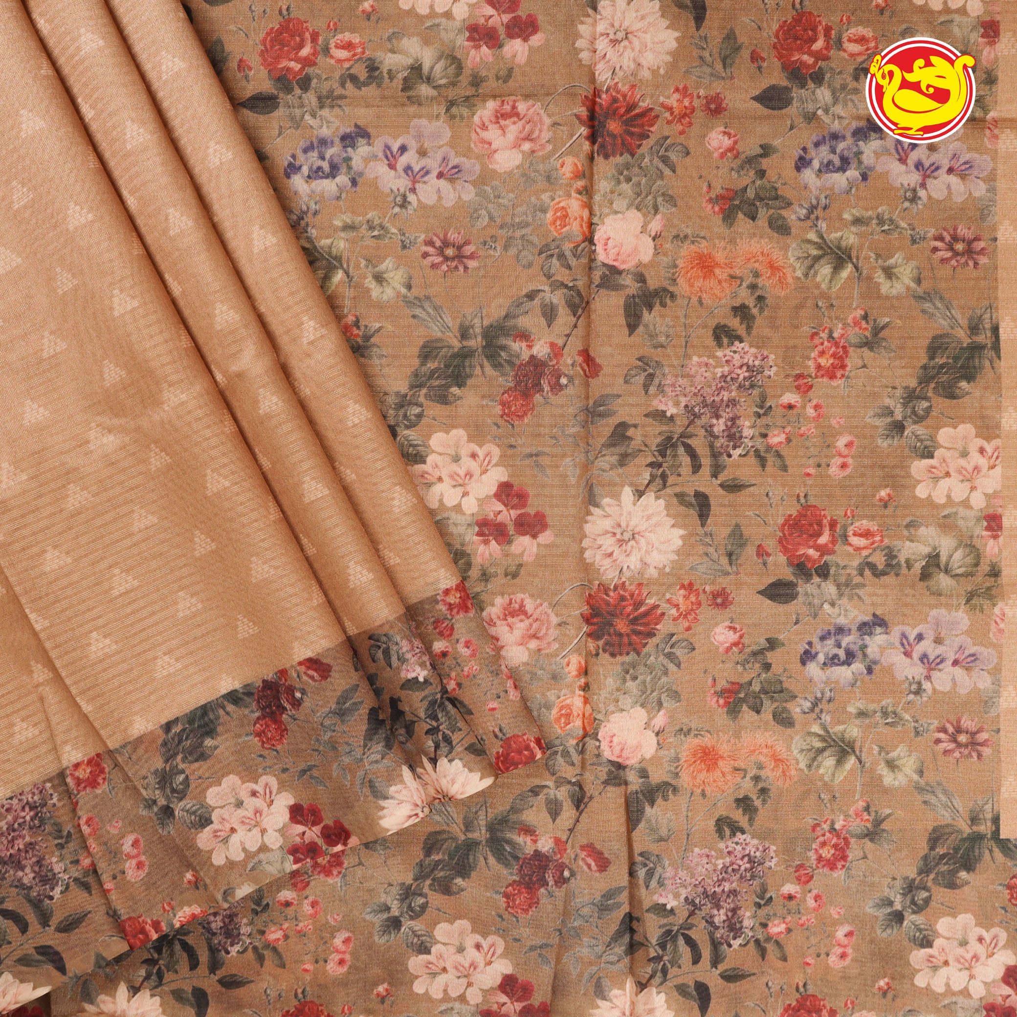 Light brown fancy cotton saree with digital prints