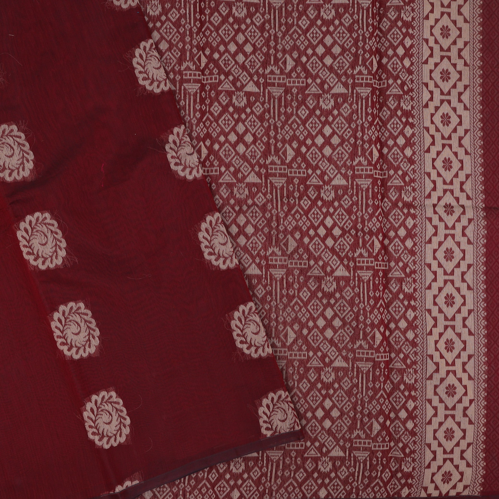 Deep Reddish-Maroon With Sandal Zari  Silk Cotton Saree
