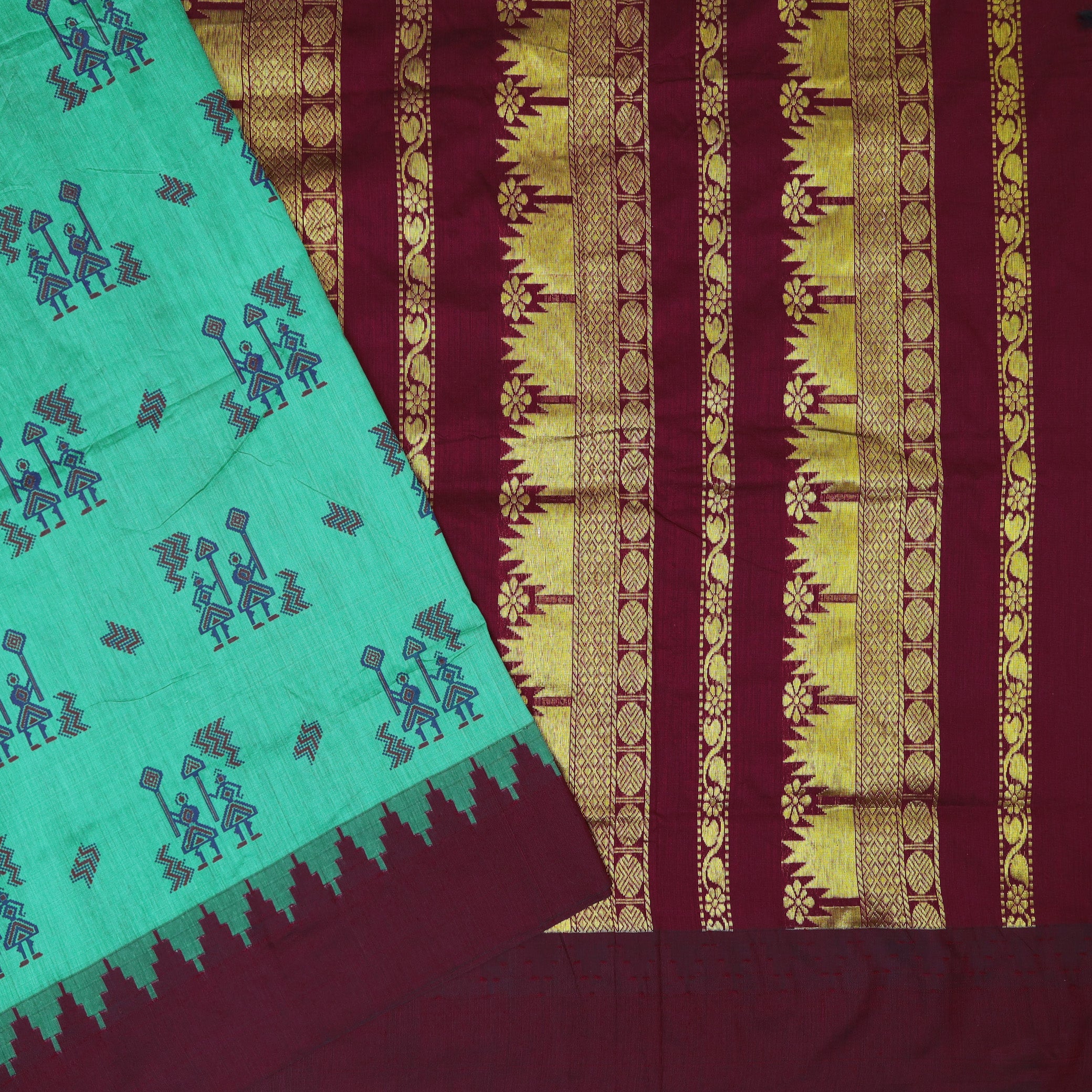 Peacock Green With Maroon Premium Quality Kalyani Cotton Saree